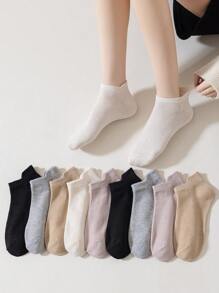 1双/30双装纯色、条纹、平底、提耳混搭款式袜子，简约日系日常百搭，亲肤透气，防臭防滑女士短袜 - 彩色 - 查看 9