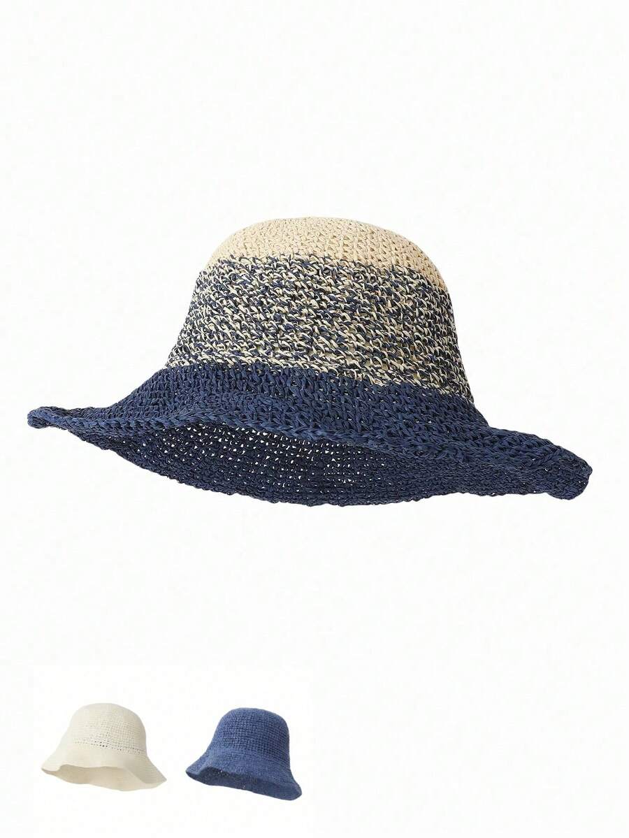 1pc Unisex Bucket Hat For Summer, Weave Breathable Sunshade Hat With Mesh & Patchwork Design - Multicolor - View 1