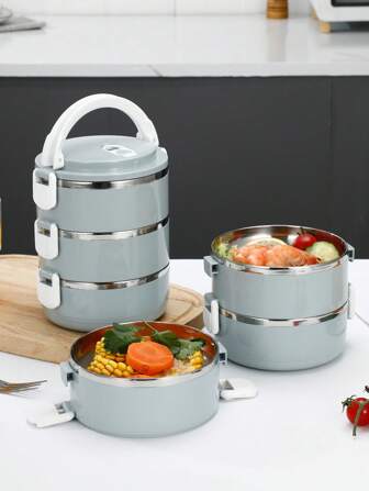 1pc Blue/Pink/Green 1/2/3/4 Layers Bento Lunch Box Containers, Stainless Steel Portioned Meal Boxes For Adults, Kids, Students - Large Capacity