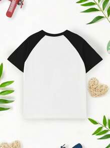 Áo thun hợp thời trang phong cách đường phố dành cho bé trai trẻ có in hình gấu, cổ tròn, tay áo Raglan và áo phông phối màu cho mùa xuân hè 2024 - màu đen - Xem 2