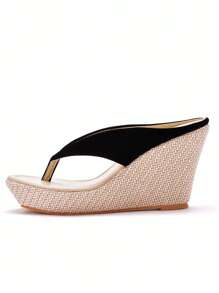 9厘米厚底坡跟凉鞋，波西米亚风沙滩拖鞋，夏季厚底人字拖，女士休闲时尚凉鞋 - 黑色 - 查看 8