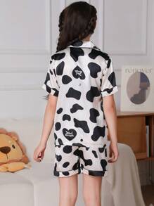 Tween女孩2入組冰絲睡衣，短袖和短褲，牛印花，輕便舒適，夏季家居服裝，罩衫領外套 - 黑與白 - 查看 3