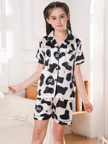 Tween女孩2入組冰絲睡衣，短袖和短褲，牛印花，輕便舒適，夏季家居服裝，罩衫領外套 - 黑與白 - 查看 2