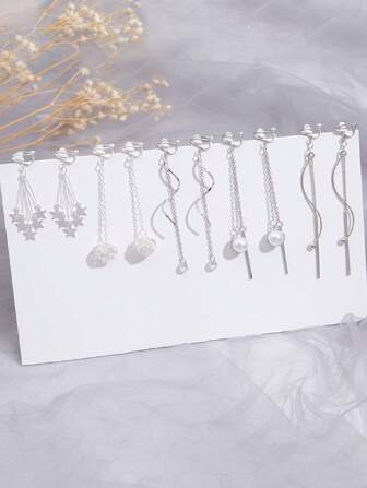 5 Pares De Aretes De Clip Decorados De Borlas Con Forma De Corazón De Metal De Moda Adecuados Para Uso Diario Para Mujeres