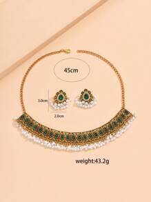 1 pieza Conjunto de collar con colgante de lágrima de estilo retro con strass y perlas y 1 pieza de aretes a juego con colgante de lágrima y estrás para mujer