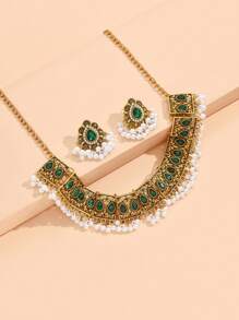 1 pieza Conjunto de collar con colgante de lágrima de estilo retro con strass y perlas y 1 pieza de aretes a juego con colgante de lágrima y estrás para mujer