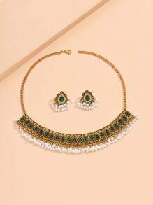 1 pieza Conjunto de collar con colgante de lágrima de estilo retro con strass y perlas y 1 pieza de aretes a juego con colgante de lágrima y estrás para mujer