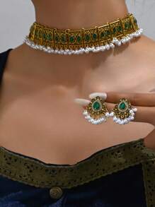 1 pieza Conjunto de collar con colgante de lágrima de estilo retro con strass y perlas y 1 pieza de aretes a juego con colgante de lágrima y estrás para mujer