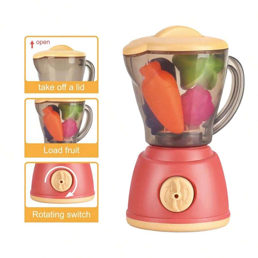 5pcs/Set Rotating Juicer Kitchen Toy For Kids, Pretend Play Blender With Fruits, Birthday Gift Or Party Favor - Pink - View 1
