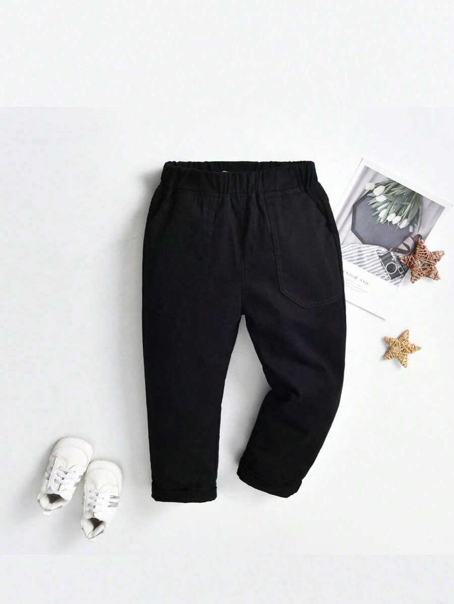 Young Boy Simple Casual Elastic Waist Tapered Pants - Black - View 1
