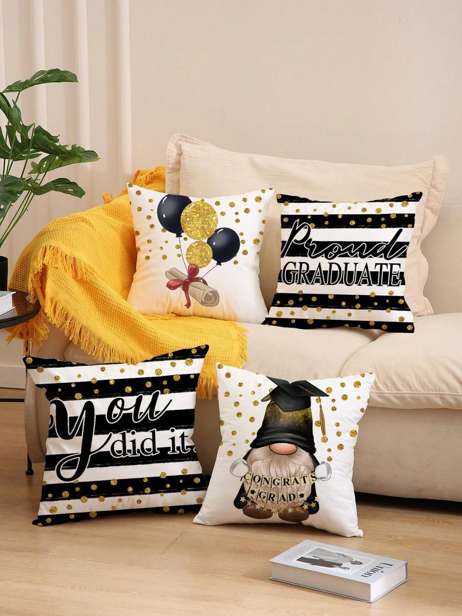 4入組畢業季氣球印花聚酯纖維枕套、坐墊、房間裝飾、臥室裝飾、沙發裝飾18*18英寸,不含枕芯 - 彩色 - 查看 1