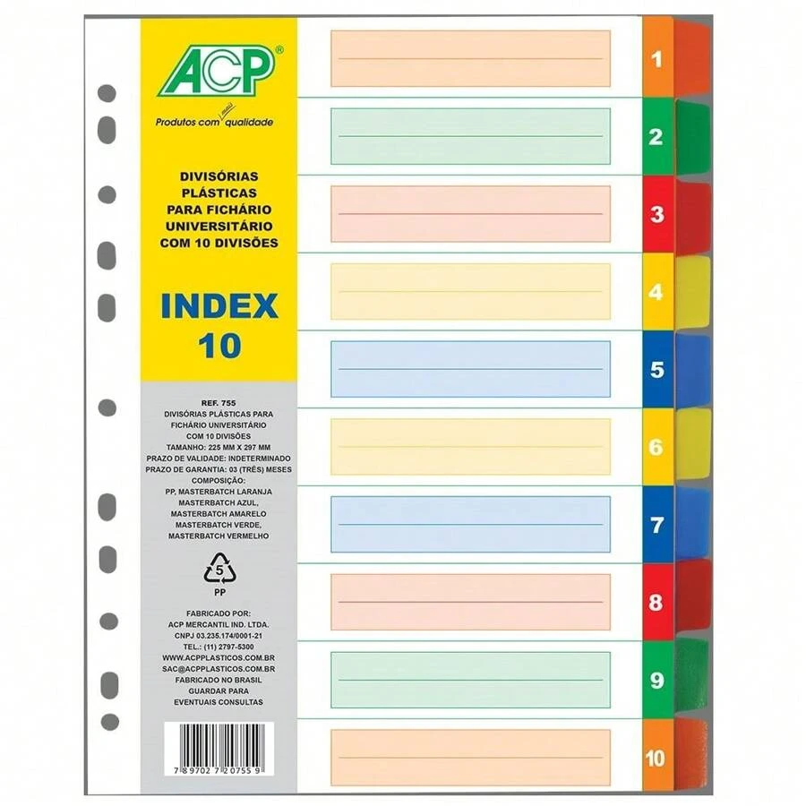 Separador (Divisória plástica) para fichário, colorida com 10 divisões, 22,5 x 29,7cm - Multicolorido - Visão 1