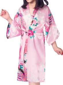 1 Cô Gái Tuổi Teen Trung Chiều Dài In Hình Con Công Đồ Ngủ, Áo Choàng Tắm Satin Mỏng Cho Mùa Hè, thường Ngày Hở Mặt Trước Áo Dây Cho Gia Đình - Hồng - Xem 4