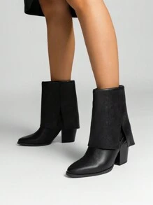 Women'S Cowboy Western Boots Pull On Fold Over Pointed Toe Chunky Heel  Embroidered Western Cowgirl Fashion Mid Calf Christmas Winter Boots - Black - View 4