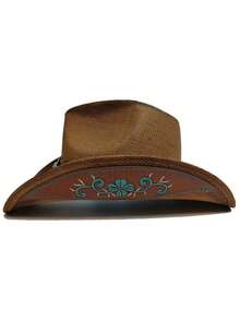 1頂男女編織草牛仔帽,新西部風格經典草製牛仔帽,寬邊遮陽帽 - 棕色 - 查看 6