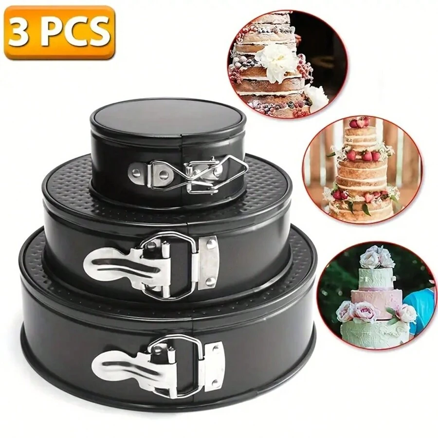 3 Pieces Of Spring-Lock Cake Pans (5 Inches/7 Inches/9 Inches), Detachable Bottom Baking Cake Molds, Loose-Bottom Baking Pan, Non-Stick Cheesecake Pan, Leak-Proof Round Cake Baking Pan, Oven Accessories, Baking Tools, Kitchen Accessories - Black - View 1