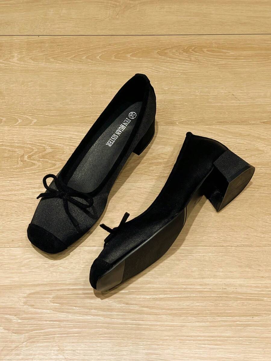 Square Toe Chunky Heel Women Shoes, Versatile Bow Tie Flats, Fashionable Slip-On Shoes, Black High Heels, Women's High Heel Pumps, One Size Larger