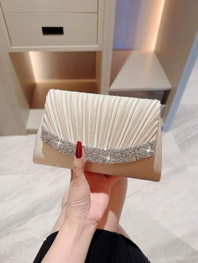 Moonlit Eve 包 1 件经典褶边设计缎面晚宴包，带闪亮水钻装饰，带链条的正式派对手拿包，与新年服装完美搭配，与女士派对礼服完美搭配，婚礼必备品，与毕业礼服、舞会礼服完美搭配