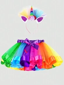 Conjunto de falda de tul arcoiris y diadema de unicornio de colores para niña joven