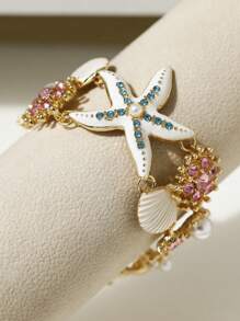 1入組異國情調海濱風格海洋海星＆珊瑚形合金＆鑽石＆貝殼手鍊，適合女性日常穿戴和旅遊 - 手鍊 - 查看 5