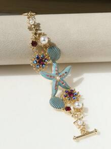 1入組異國情調海濱風格海洋海星＆珊瑚形合金＆鑽石＆貝殼手鍊，適合女性日常穿戴和旅遊 - 手鍊 - 查看 3