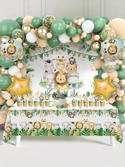 Set de 86 piezas que incluye: Mantel de plástico, juego de globos con temas de animales de la jungla, arco de globos, pancartas, accesorios para globos, perfecto para decoración de fiesta de cumpleaños, baby shower, temática de la jungla.