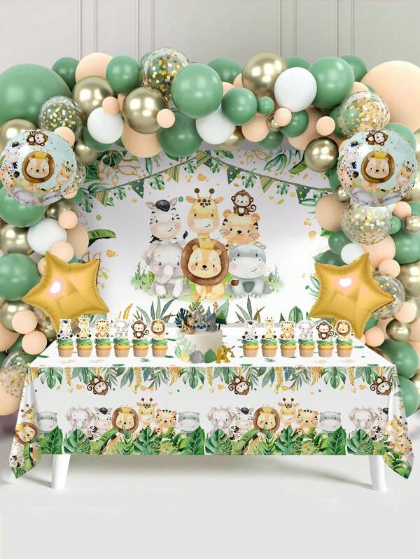 Set de 86 piezas que incluye: Mantel de plástico, juego de globos con temas de animales de la jungla, arco de globos, pancartas, accesorios para globos, perfecto para decoración de fiesta de cumpleaños, baby shower, temática de la jungla.