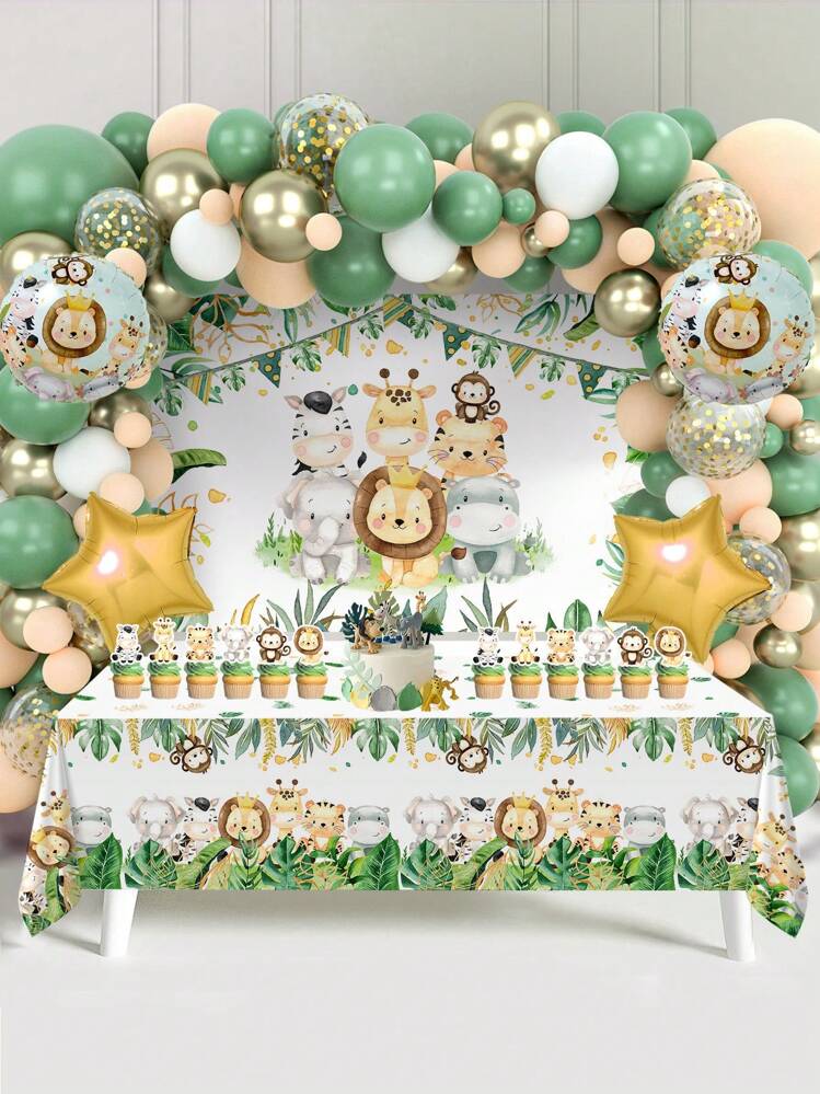 86 件/套流行丛林动物派对背景桌布气球套装，气球套装非常适合生日派对墙壁背景，生日背景装饰气球拱门套件，生日礼物派对礼物，生日装饰生日气球，婴儿淋浴装饰，丛林动物装饰，包括 84 件气球套装和 1 件塑料桌布和 1 件派对横幅和 2 件气球配件 - 綠色 - 查看 1