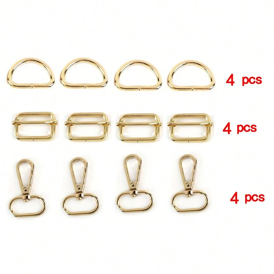 12pcs Metal Keychains Diy Handbag Backpack Accessories With Rotating Clasp, D Ring & Tri-Glide Slider - Gold - View 1