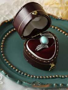 1pc Vintage Pure Silver Feather & Oval Turquoise Ring For Women's Date Gift - Antique Silver - View 2