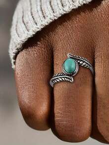 1pc Vintage Pure Silver Feather & Oval Turquoise Ring For Women's Date Gift - Antique Silver - View 6
