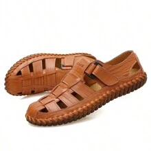 Men's Handmade Stitching Sandals, Outdoor/Business/Casual Leather Beach Shoes - Brown - View 3