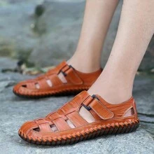 Men's Handmade Stitching Sandals, Outdoor/Business/Casual Leather Beach Shoes - Brown - View 6