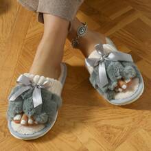 Women's Bunny Fur Bowknot Design Slipper, Comfortable Open Toe, Solid Color House Plush Shoes For Bedroom And Floor Cleaning