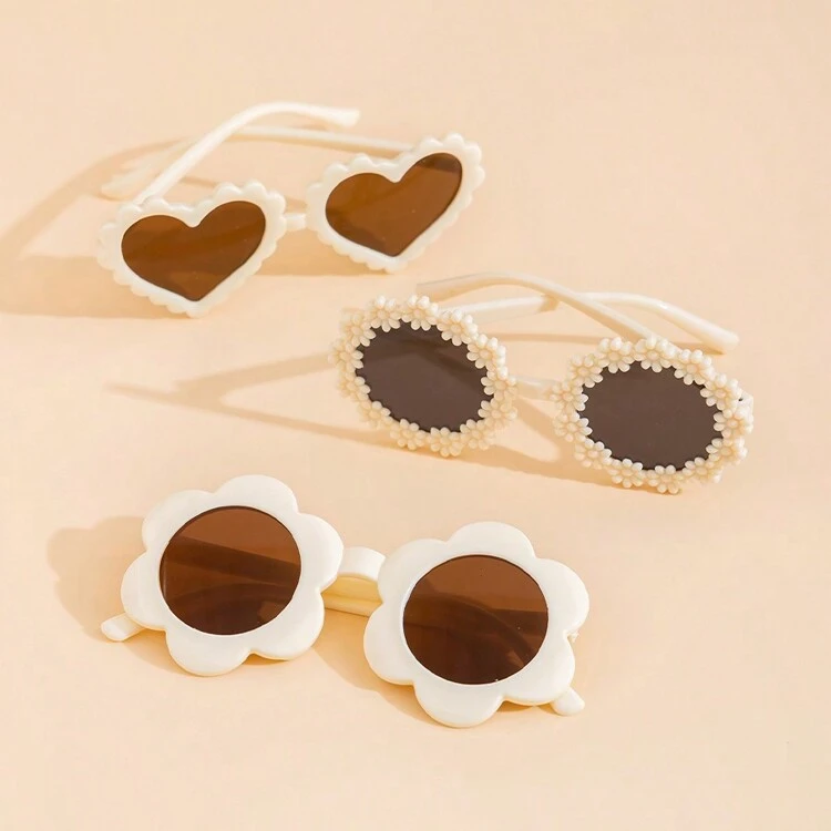 3pcs Different Styles Beige Fashion Glasses With Floral, Heart, And Daisy Designs - Beige - View 3