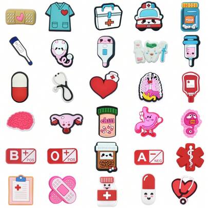 30 قطعة من سلسلة الرعاية الطبية من الحذاء PVC، بتصميمات زي الممرضة الأخضر، الترمومتر، فرشاة الأسنان، سماعة الطبيب، ديكورات الحذاء، هدية لعيد الممرضة