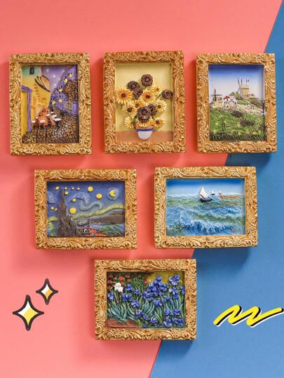 6pcs/1set Scenery Fridge Magnets, Van Gogh Creative Artwork, 3D Lenticular Decorative Stickers With Magnetic Backing For Refrigerators, Home Decor Best Gifts Birthday Graduation