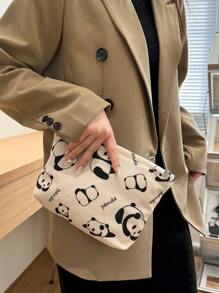 Beige Cute Panda Pattern Corduroy Makeup Bags Clutch Bag Cosmetic Bag Toiletry Bag Fabric Comfortable Large Capacity Portable Travel Storage Bag With Zipper Wash Bag Dormitory Essential Toiletry Bag For Makeup Tools Girl's Gift Holiday Essentials Back To School Essentials Makeup Organizer Make Up Organizer Makeup Storage Makeup Pouch Make Up Pouch