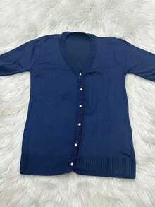 Casaco Cardigan Feminino Suéter trico com Botões - Azul Marinho - Visão 2