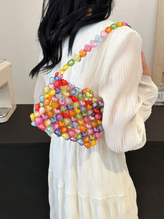 Diy Material Kit For Jelly Heart Beaded Bag, Colorful Beads Weaving, Clashing Gift Armpit Bag, Colorful Purse For Women