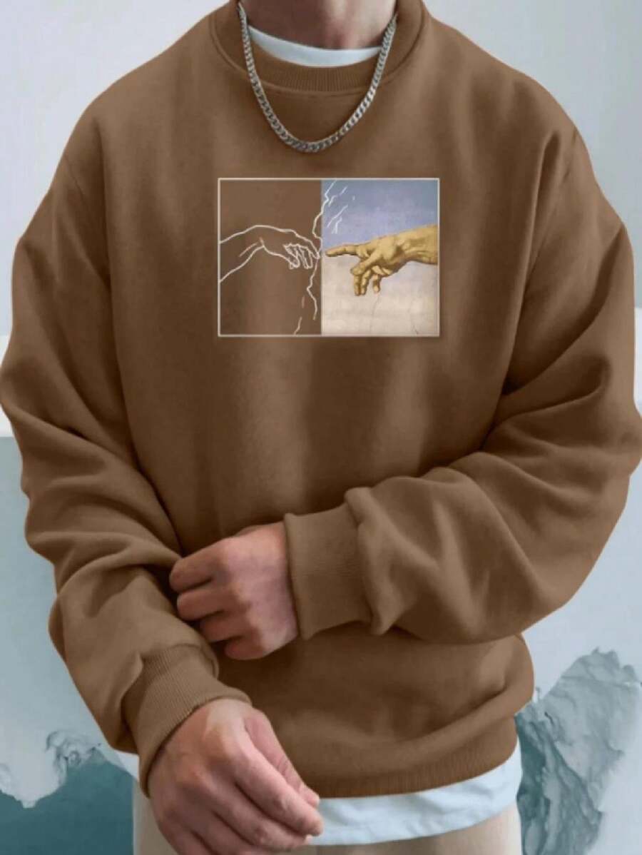 Unisex Men's And Women's Crewneck Sweatshirt Flannel Sweater Coat Cold Weather Sweatshirt Cotton Fingers Touching (FRONT) - Rust Brown - View 1