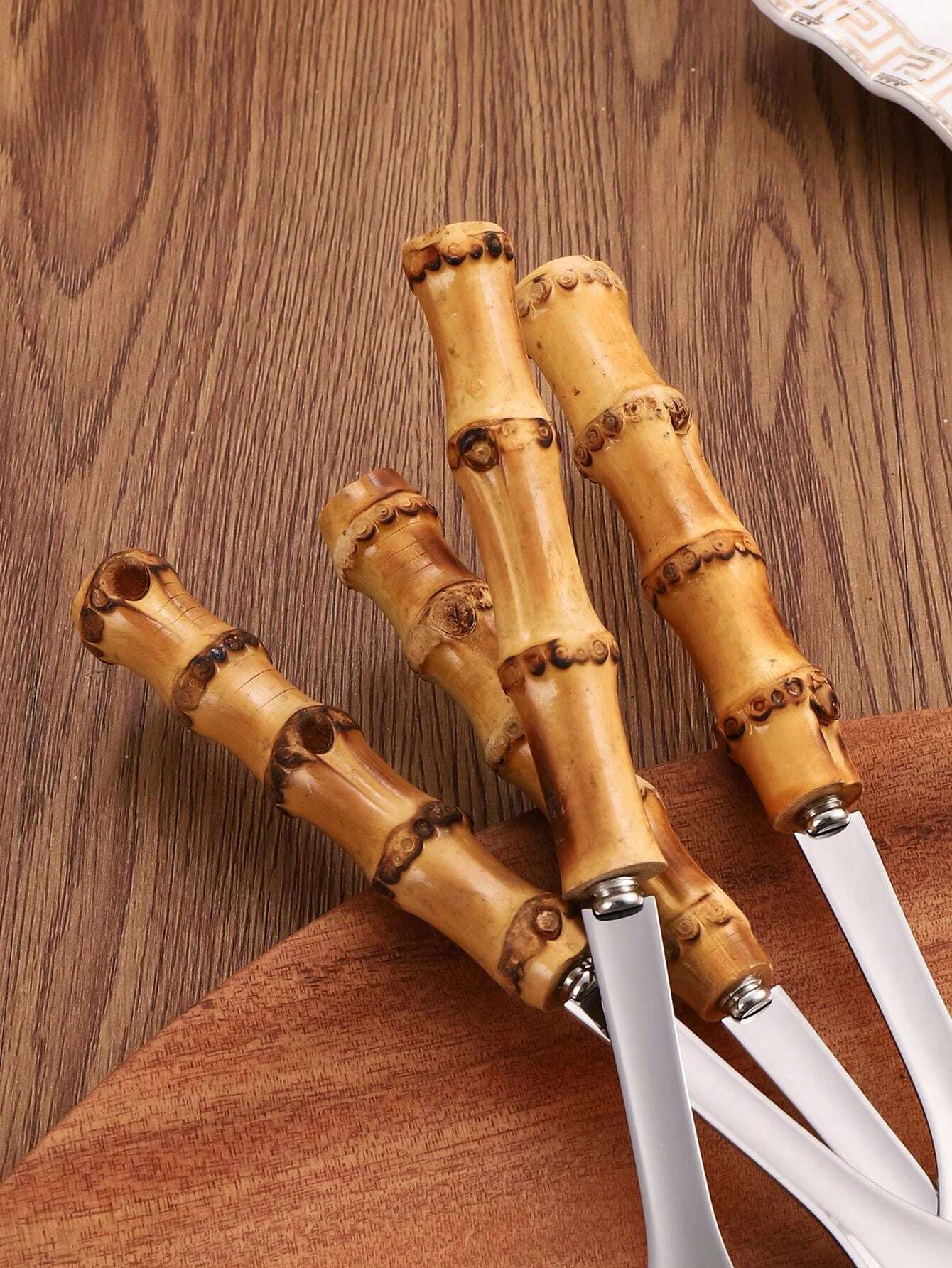 2pcs/Set Stainless Steel & Natural Bamboo Handle Salad Spoon & Fork