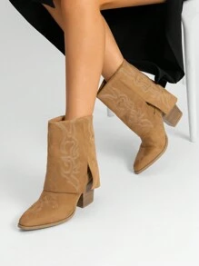 Women'S Cowboy Western Boots Pull On Fold Over Pointed Toe Chunky Heel  Embroidered Western Cowgirl Fashion Mid Calf Christmas Winter Boots - 棕色 - 查看 2
