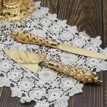 WINON 2pcs/Set Gold-Plated Alloy Hollow Out Grid & Plum Blossom Shaped Cake & Pizza Knife, Weddings & Parties & Birthdays & Baking Utensils, With Exquisite Handle Design