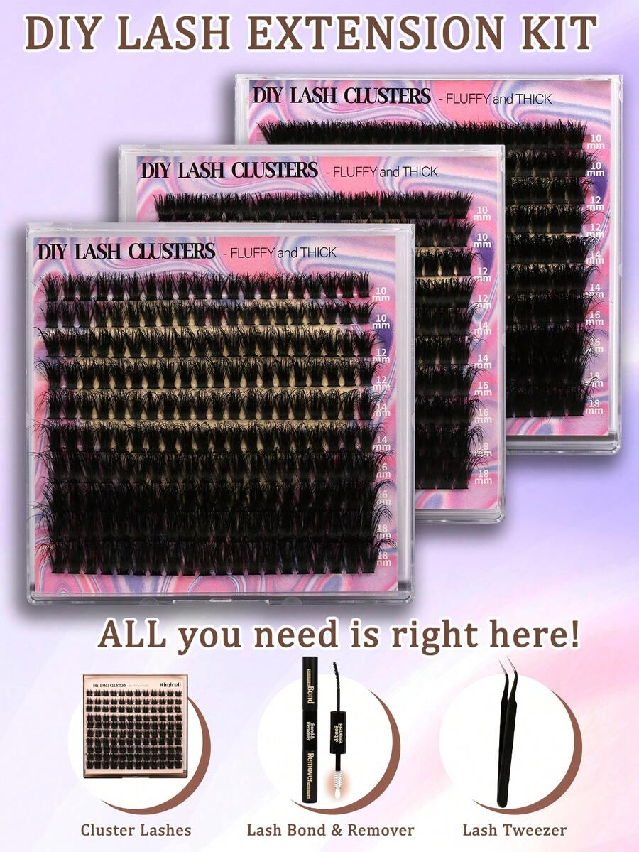 200pcs Assorted 1018mm Length DIY Cluster Eyelashes With Tweezers & Adhesive Remover, Reusable