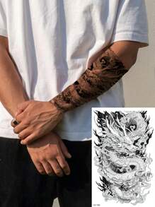 1 Sheet Waterproof & Sweatproof Non-Reflective Temporary Tattoo Sticker, Pvc Material Chinese Dragon, Suitable For Arm, Thigh, Cool & Powerful Dragon Totem, Suitable For Fashion Leader Daily Use - Black - View 1