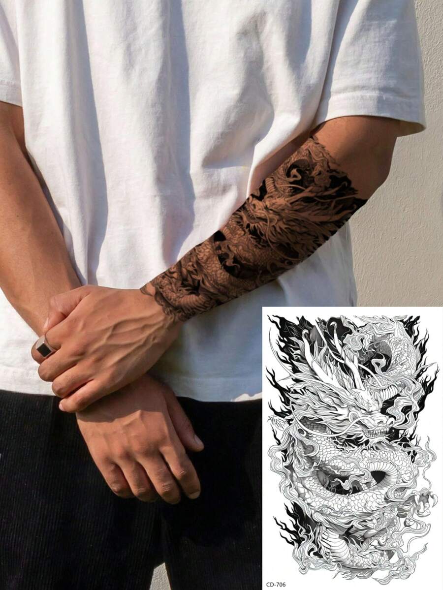 1 Sheet Waterproof & Sweatproof Non-Reflective Temporary Tattoo Sticker, Pvc Material Chinese Dragon, Suitable For Arm, Thigh, Cool & Powerful Dragon Totem, Suitable For Fashion Leader Daily Use - Black - View 1