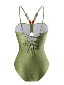 Allurini 2pcs/Set Beaded Decor Vintage Inspired Modest Tankini Swimsuit & Skirted Swimsuit For Women, Summer Elegant - Olive Green - View 3