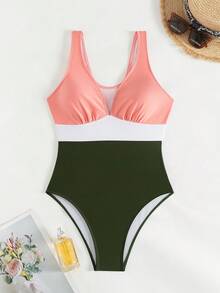 新款女士泳衣性感拼色比基尼連體泳裝，適合海灘度假和游泳 - 彩色 - 查看 5