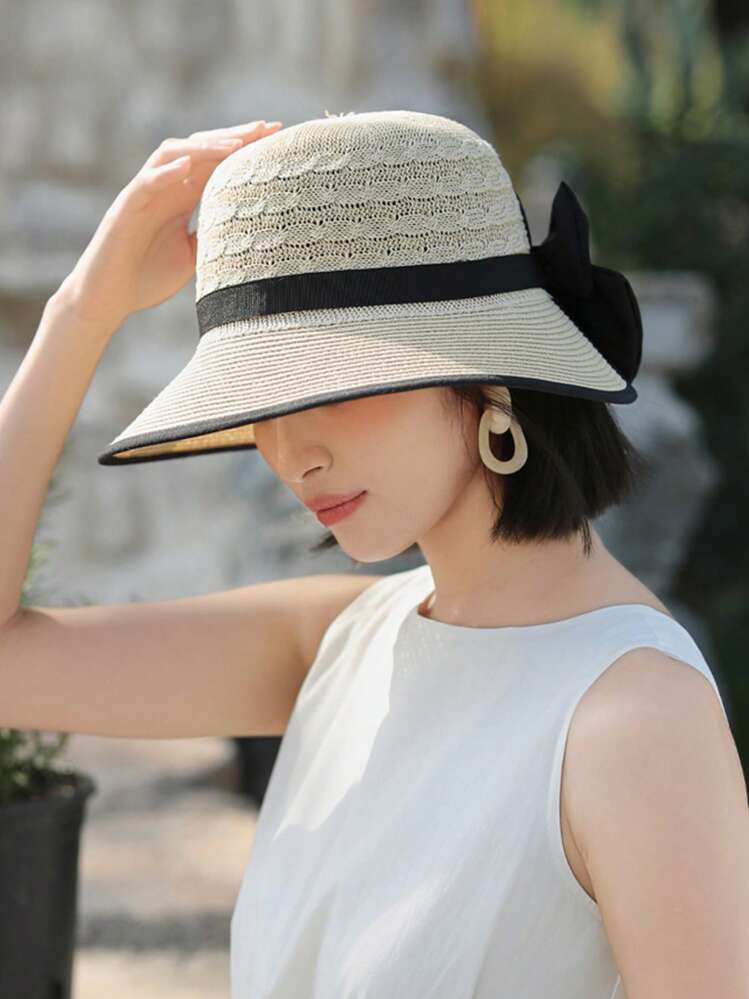 1 件女士夏季遮阳草帽，时尚简约宽檐帽，百搭蝴蝶结装饰太阳帽，适合夏季防晒，款式随机带风绳 - 彩色 - 查看 12
